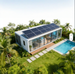 Off-grid solar system for prefab 20ft container home with solar panels on roof and battery storage